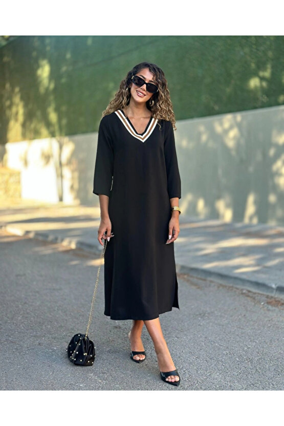 EQURİ Kadın Uzun Kollu V şerit Yakalı Viskon Iki Iplik Elbise