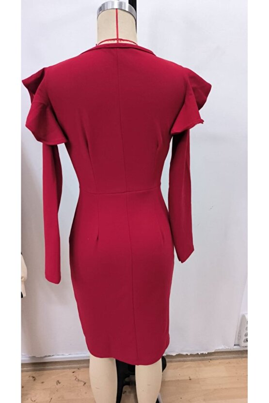 EQURİ Kadın Uzun Kollu V Yakalı Yandan Yırtmaçlı Midi Ithal Krep Elbise