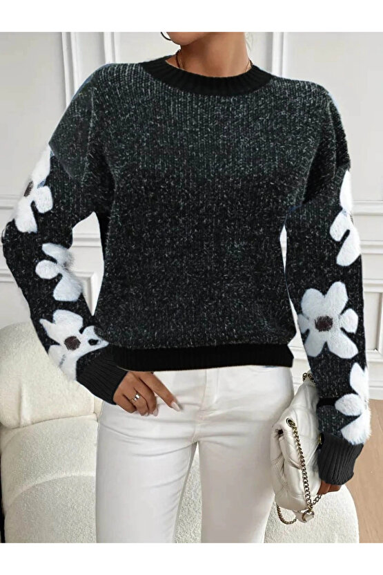 Kadın Uzun Kollu Bisiklet Yaka çiçek Desenli Triko Bluz