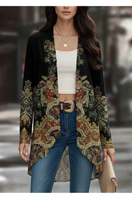 EQURİ Kadın Uzun Kollu önü Açık Desenli şardonlu Dalgıç Ceket