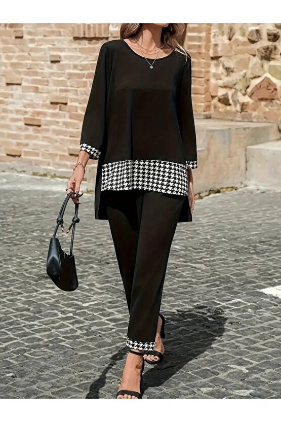 EQURİ Kadın Uzun Kollu Yuvarlak Yakalı Kaz Ayağı Detaylı Viskon Iki Iplik Bluz Ve Pantolon Ikili Tak