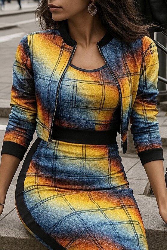 EQURİ Kadın Uzun Kollu Askılı Yuvarlak Yaka Desenli Dalgıç Bluz Ceket Ve Etek üçlü Takım