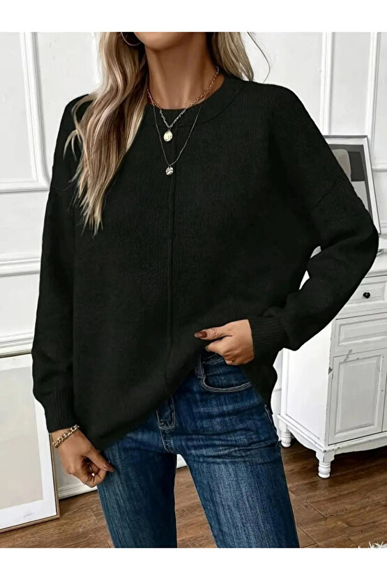 Kadın Uzun Kollu Bisiklet Yaka Düşük Omuz Detaylı Triko Bluz