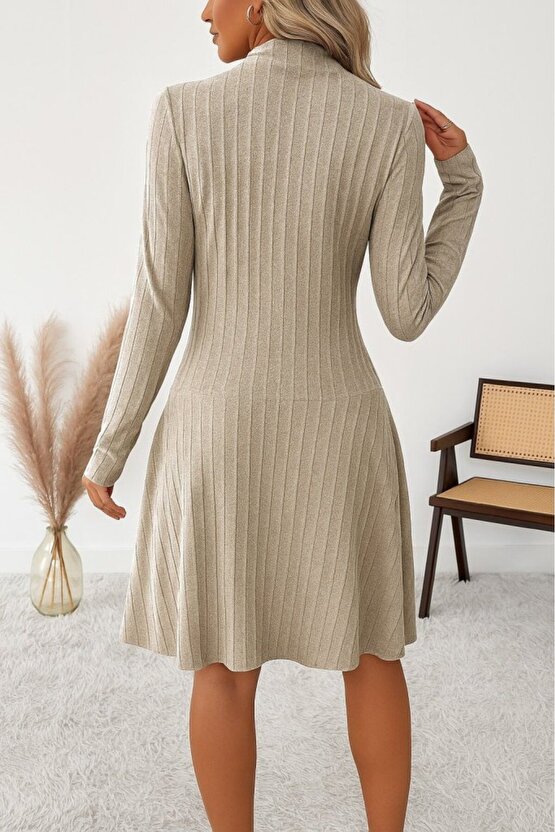 EQURİ Kadın Uzun Kollu önden Fermuarlı Pileli şardonlu Kaşkorse Mini Elbise