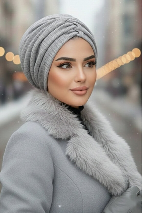 Beyaz Gri Kışlık Büzgülü Bone