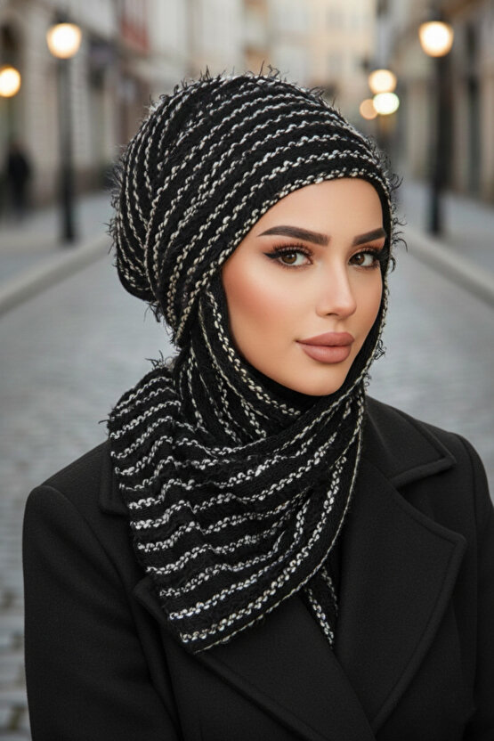 Siyah Çizgili Kelebek Bone Şal