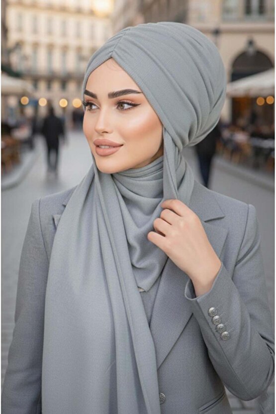 Gri Triko Kelebek Model Büzgülü Bone Şal