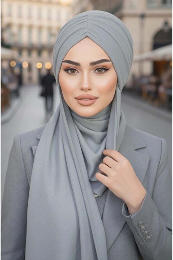 Gri Triko Kelebek Model Büzgülü Bone Şal