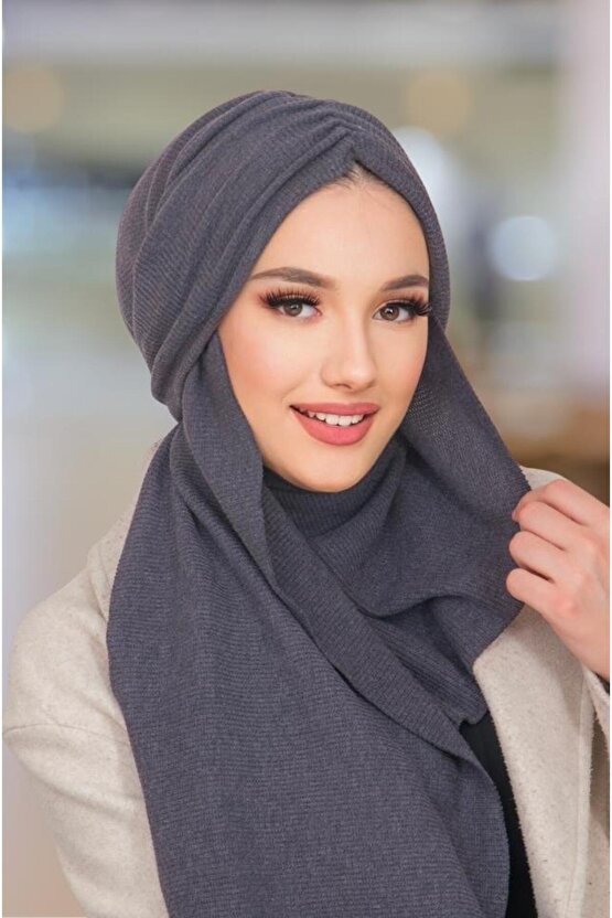 Füme Triko Kelebek Model Büzgülü Bone Şal