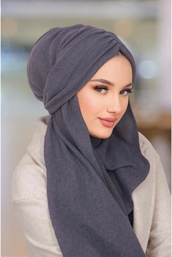 Füme Triko Kelebek Model Büzgülü Bone Şal