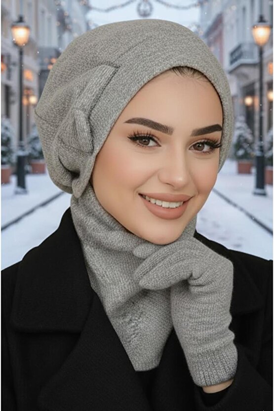 Gri Melanj Fiyonklu Tesettür Bere ve Etol Takım