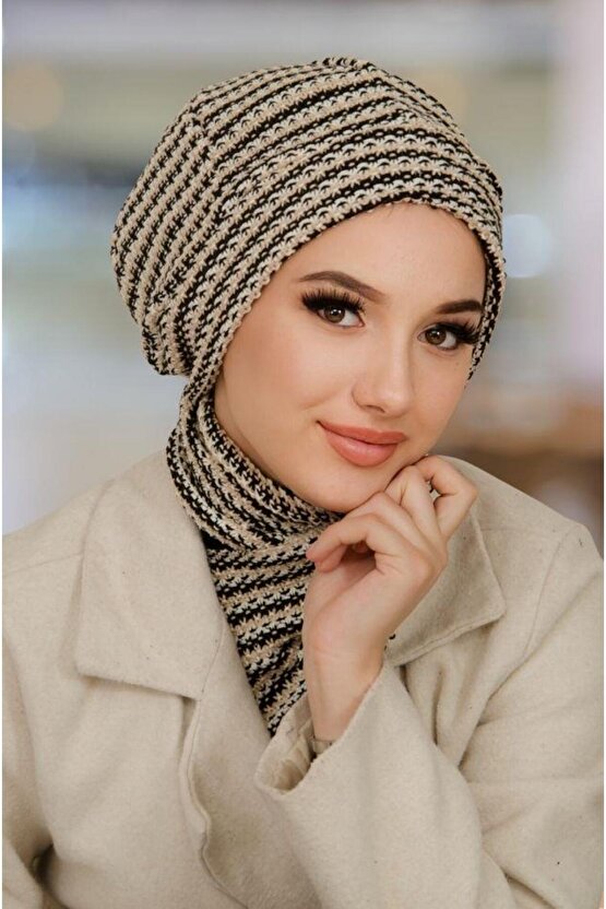 Siyah Bej Çizgili Tesettür Bere Ve Etol Takım