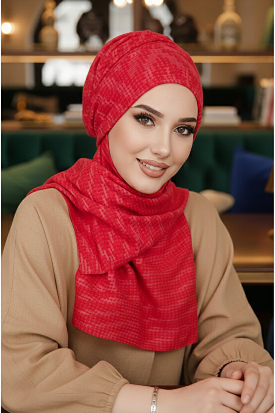 Kırmızı Desen Kışlık Kelebek Bone Şal