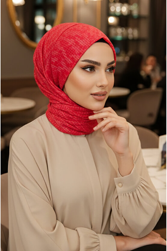 Kırmızı Desen Kışlık Kelebek Bone Şal