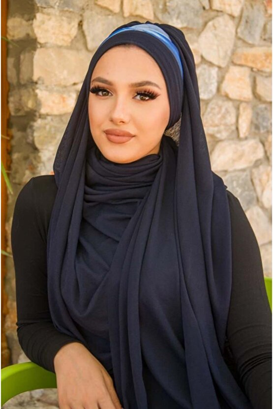 Lacivert Saks Batik Desen Bandana Şal