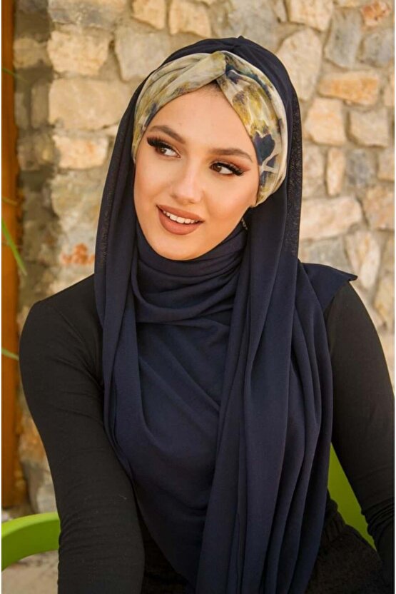 Lacivert Batik Desen Burgu Hazır Şal