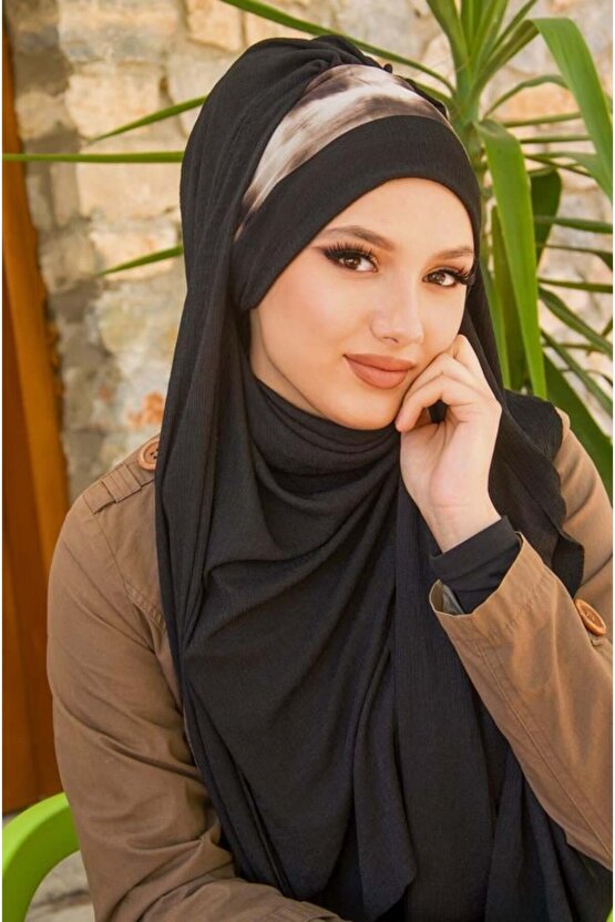 Siyah Batik Desen Bone Hazır Şal