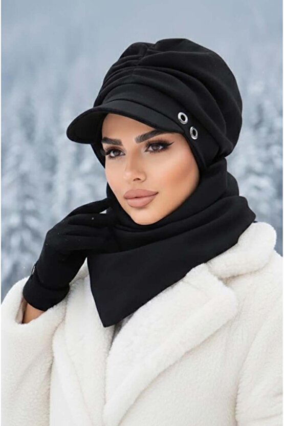 Siyah Büzgülü Tesettür Şapka Ve Etol Takım