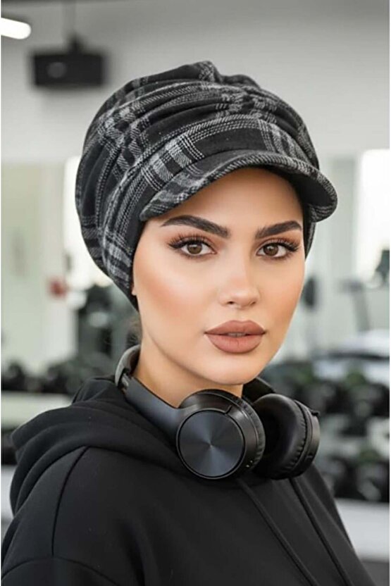 Füme Siyah Ekose Desen Tesettür Şapka