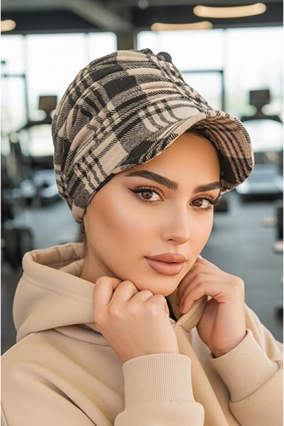 Vizon Siyah Ekose Desen Tesettür Şapka