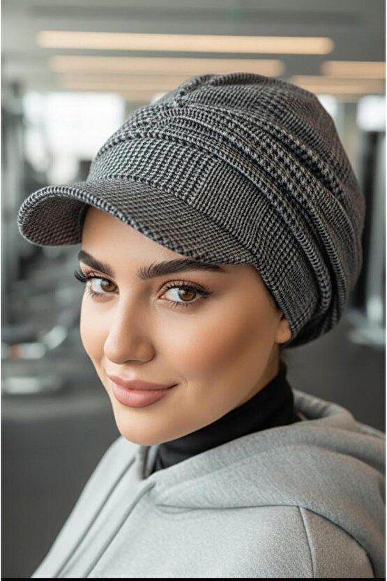 Gri Siyah Ekose Desen Tesettür Şapka