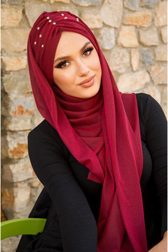 Bordo Işıltılı Taşlı Abiye Şal