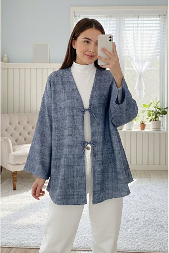 Mavi Ekose Önü Bağlamalı Kimono Tunik  85 CM BOY