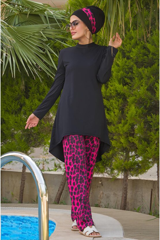 Siyah Fuşya Leopar Tesettür Mayo