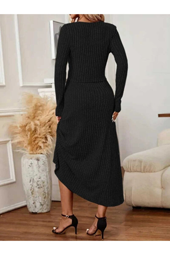 Kadın Uzun Kollu önden Düğmeli Bluz Ve Yüksek Bel A Kesim Uzun Etek şardonlu Kaşkorse Ikili Takım