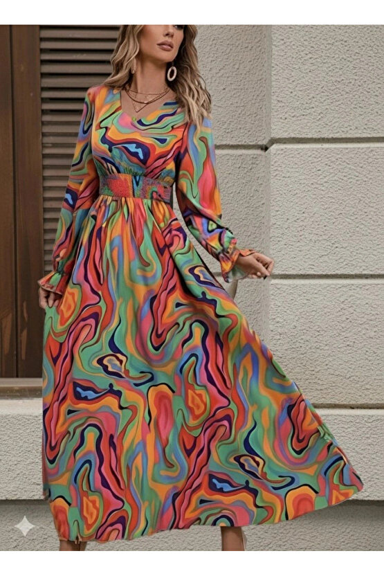 Kadın Uzun Kollu V Yakalı Desenli Maxi Süprem Elbise