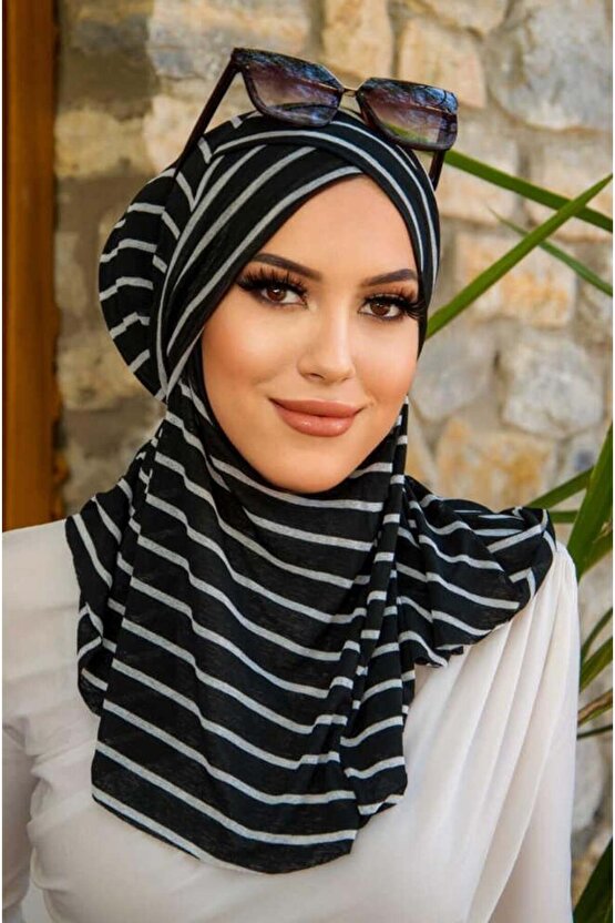 Siyah Çizgi Desenli Çapraz Bantı Medium Size - Hazır Şal