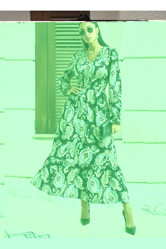 Kadın Uzun Kollu Kruvaze Yaka Beli Lastikli Uzun Desenli Maxi Elbise