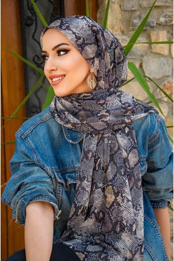 Gri Yılan Desenli Bone Hazır Şal