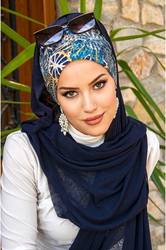 Lacivert Çiçek Desenli Bone Hazır Şal