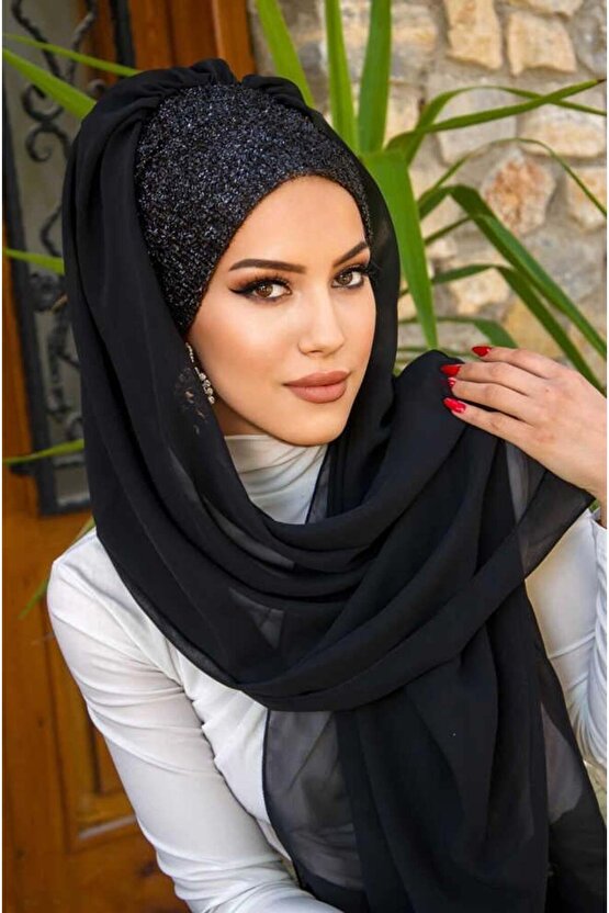 Siyah Simli Hazır Abiye Şal