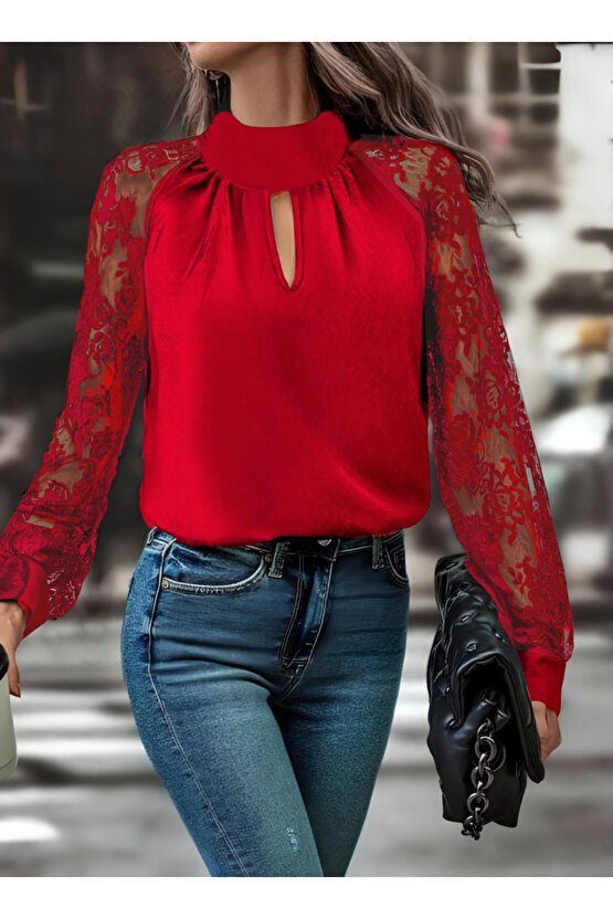 EQURİ Kadın Uzun Kollu Göğüs Pencere Detay Yaka Boğazlı Kolları Tüllü Sandy Bluz