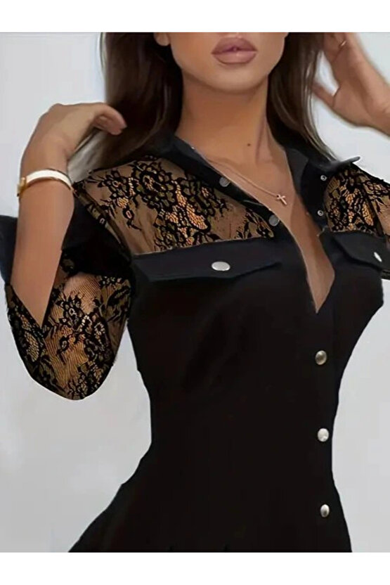 Kadın Uzun Kollu Yakalı önden Düğmeli Cep Detaylı Mini Modal Elbise