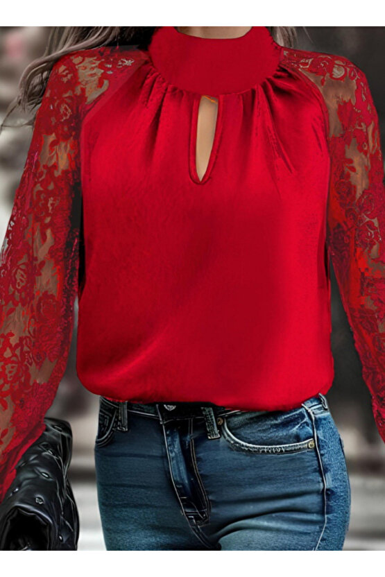 EQURİ Kadın Uzun Kollu Göğüs Pencere Detay Yaka Boğazlı Kolları Tüllü Sandy Bluz