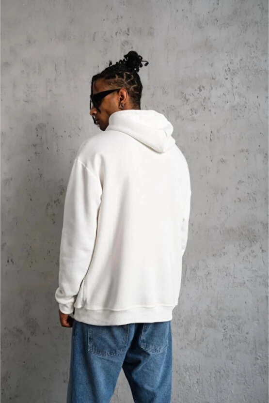 Erkek Oversize Kapüşonlu Sweatshirt – Beyaz Renk Üç İplik İçi Pamuklu Kanguru Cepli Baskılı Hoodie R