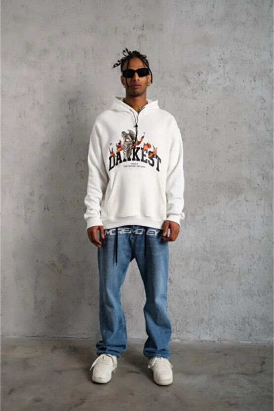 Erkek Oversize Kapüşonlu Sweatshirt – Beyaz Renk Üç İplik İçi Pamuklu Kanguru Cepli Baskılı Hoodie R