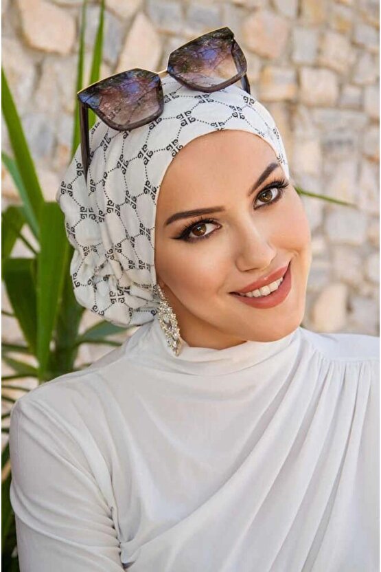 Beyaz Yazı Desen Çağla Hazır Türban