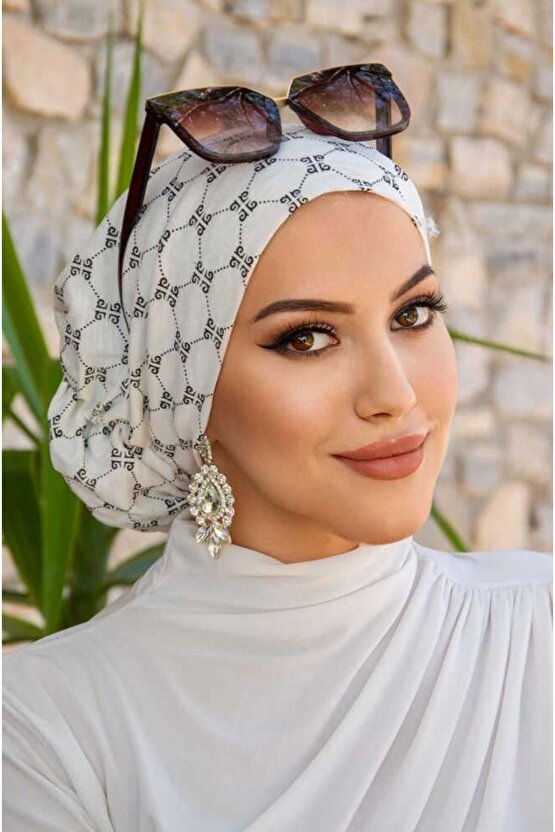 Beyaz Yazı Desen Çağla Hazır Türban