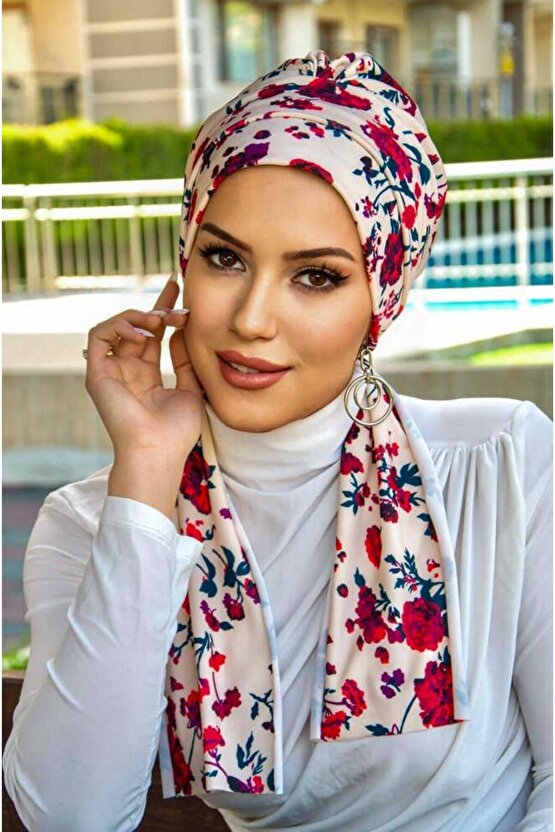 Ekru Bordo Çiçek Desenli Atkılı Bone