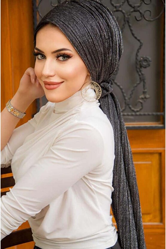 Siyah Gümüş Piliseli Kelebek Model Bantlı Abiye Bone Şal