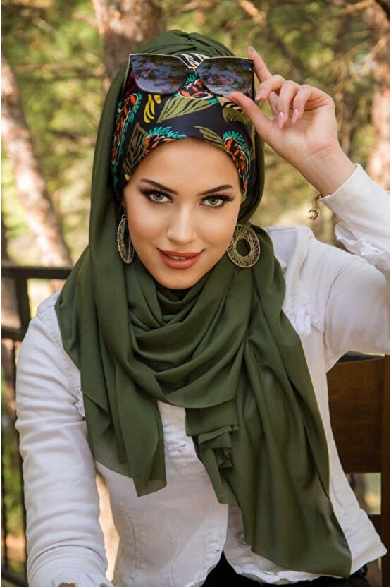 Haki Siyah Yaprak Desen Bone Hazır Şal