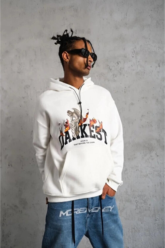 Erkek Oversize Kapüşonlu Sweatshirt – Beyaz Renk Üç İplik İçi Pamuklu Kanguru Cepli Baskılı Hoodie R