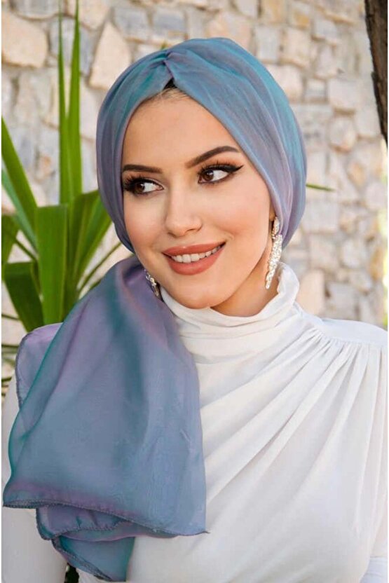 Turkuaz Lila Janjan Şifon Tokalı Bone