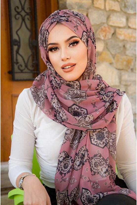Koyu Pudra Retro Desen Hazır Şal