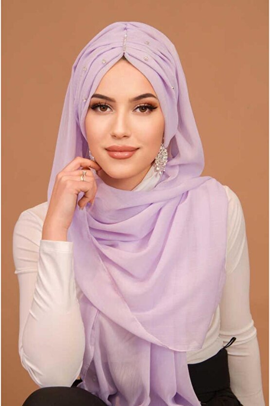 Lila Taşlı Büzgü Model Hazır Abiye Şal