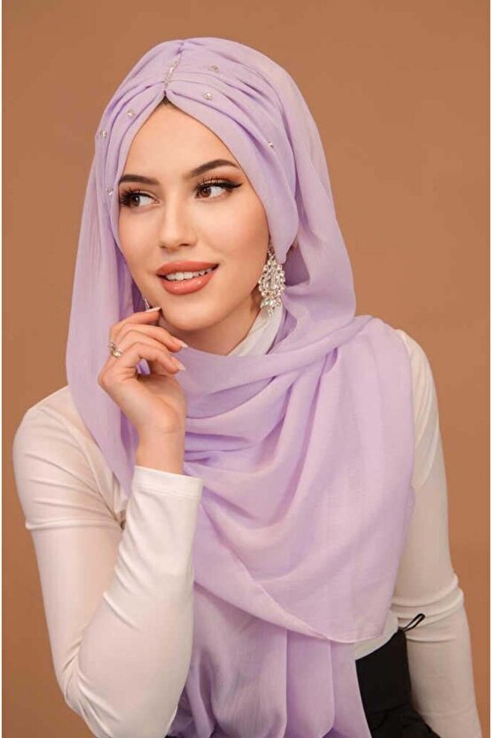 Lila Taşlı Büzgü Model Hazır Abiye Şal